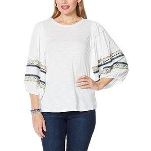 DG2 by Diane Gilman Embroidered Balloon-Sleeve Tee NWT, White and Blue avail.